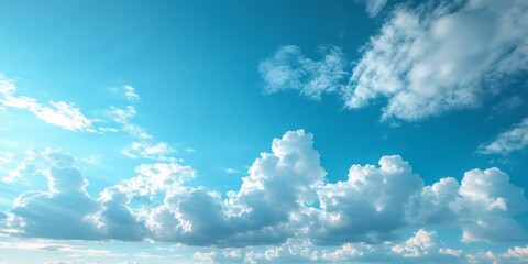 Blue sky with white fluffy clouds illuminated by sun rays. Beautiful cloudscape. Heaven and clear weather concept. Background for spring design.