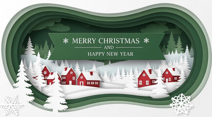 Green Merry christmas and happy new year greeting card banner paper art style with  snowy winter landscape red village and forest scene for holiday celebration and festive background