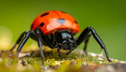 A vibrant red ladybug with black spots crawls on moss, face focused, against a soft green backdrop