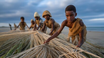 A traditional fishing village scene where locals weave nets by hand, ropes stretching across the sand as children help bundle the finished mesh — coastal heritage, community craftsmanship, and