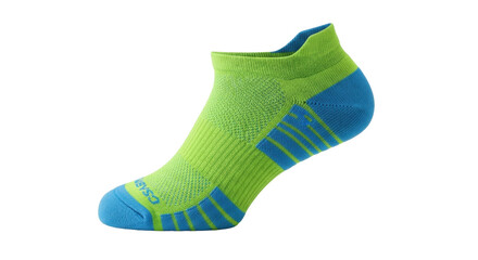 Isolated athletic sock of blue and lime green color on seamless backdrop. Ankle apparel