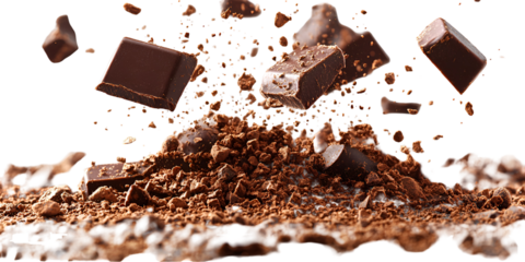 Falling pieces of brown granular material