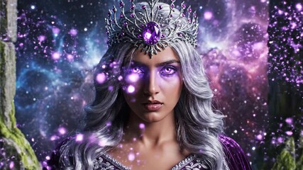Silver-Haired Woman with Violet Eyes and Crown - This video features a woman with silver hair and glowing violet eyes, adorned with a jeweled crown. - Powered by Adobe