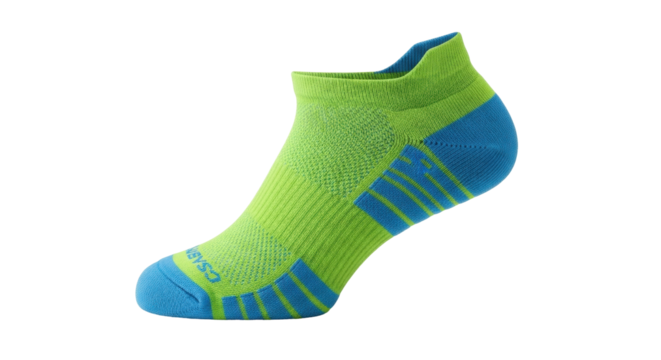 Isolated athletic sock of blue and lime green color on seamless backdrop. Ankle apparel