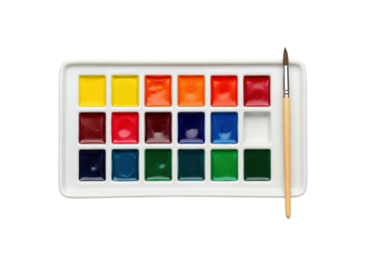 Isolated watercolor paint box with paintbrush for painting and artistic creation tool