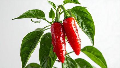 Two vibrant red chili peppers glisten with water droplets, nestled among lush green leaves against a plain backdrop