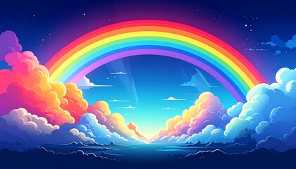 Vibrant rainbow arcs across a blue sky above fluffy clouds, illuminated with pastel hues, over a dark ocean