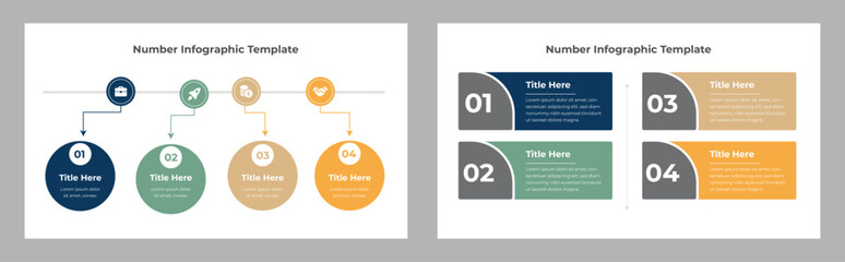 Two Variations of Number Infographic with Four Steps, Different Shapes and Color Palettes