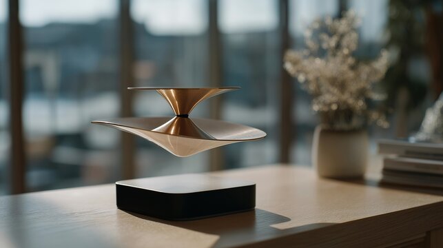 A close-up of a levitating spinning top hovering above a magnetic base, soft shadows pulsing beneath it — consumer science gadgetry, magnetic balance physics, and mesmerizing desk toy design.