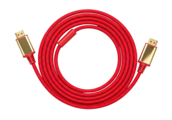Isolated Red HDMI Cable with Golden Connectors for High-Definition Multimedia Streaming