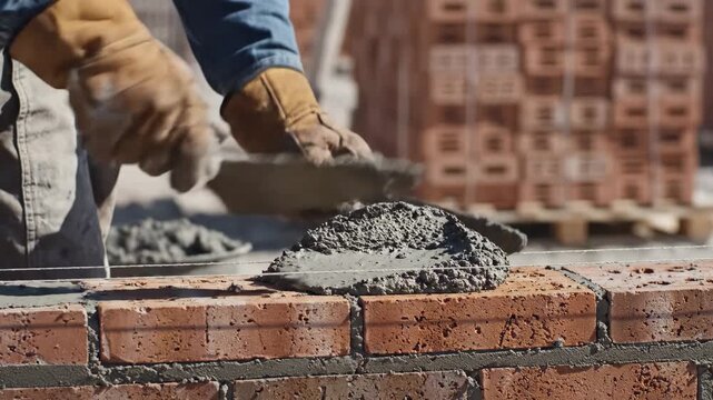 Bricklayer Applying Mortar During Construction - A mason wearing gloves applies mortar between reddish-brown bricks with a trowel, following a taut string line for precision.