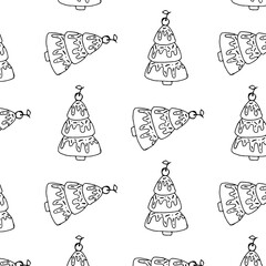 Seamless Pattern of Christmas trees with sweet icing and cherry &ndash; Minimalist Vector Line Art Perfect for Wrapping Paper, Fabric & Holiday Crafts