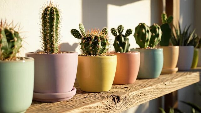 Potted Cacti Row on Wooden Shelf - A row of various small cacti in pastel-colored ceramic pots sit neatly arranged on a rustic wooden shelf.