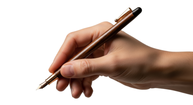 Isolated hand holding wooden fountain pen above surface, writing or signing document
