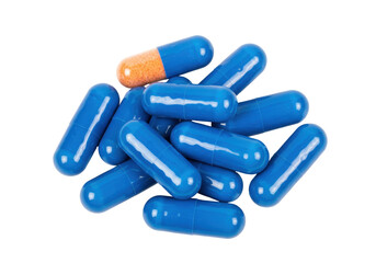 Isolated Pharmaceutical pills, a pile of blue medicine capsules used as prescription drugs