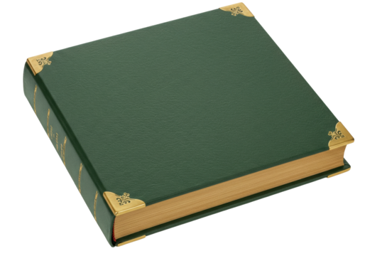 Isolated green leather-bound book with gold edging and metal corners, library archive object