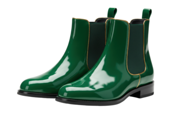 Isolated pair of shiny emerald-green Chelsea-style boots with elastic, footwear fashion trend