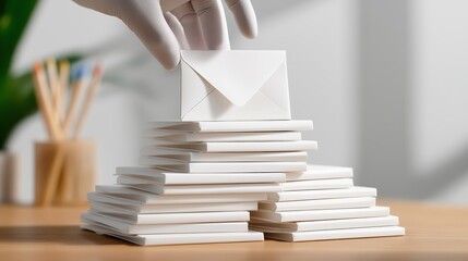 Obraz premium A gloved hand places a white envelope atop a pyramid of stacked mail on a desk, symbolizing identity, privacy, and secure communication. 