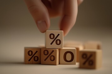 A hand arranges wooden cubes engraved with percentage symbols, representing financial concepts like interest rates, savings, and returns.
