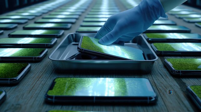 Rows of glowing smartphones on a wooden table resemble crops, symbolizing data harvesting and identity collection in a cyberpunk world. Straw farmer
