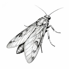 Detailed black and white illustration of a moth insect on a white background, realistic entomology drawing with delicate wings, long antennae and fine lines, minimalistic composition with open space, 
