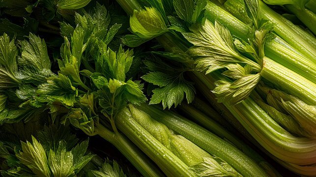 A close up view of fresh green celery stalks and leaves with water droplets on them in a dark setting