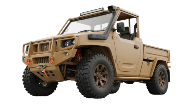 Isolated beige off-road pickup truck with cab and light bar for recreation, off-roading, and work