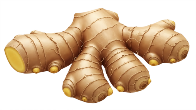 A close up of a whole ginger root with multiple segments on a black isolated background view from above
