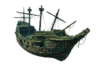 Isolated mossy old shipwreck, decaying wood, weathered, ship's rigging, detail, algae-covered