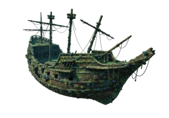 Fototapete Schiffbruch Isolated mossy old shipwreck, decaying wood, weathered, ship's rigging, detail, algae-covered  © Ivan