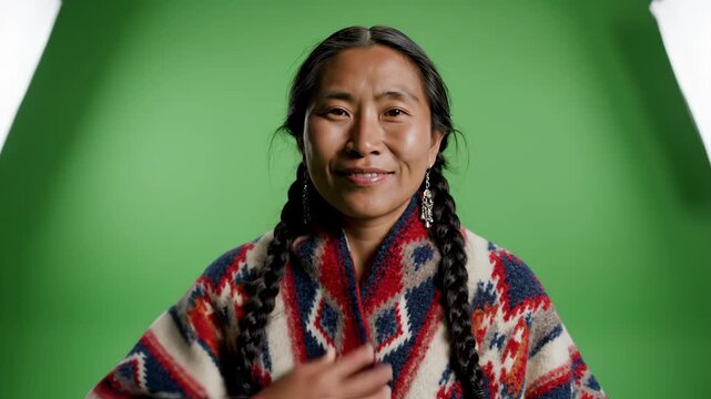 Authentic Studio Portrait of a Smiling Indigenous Woman in a Colorful Traditional Woven Poncho