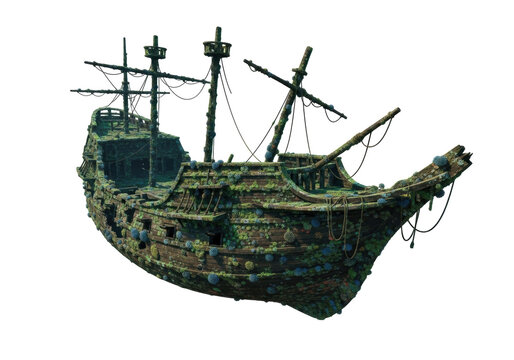 Isolated mossy old shipwreck, decaying wood, weathered, ship's rigging, detail, algae-covered