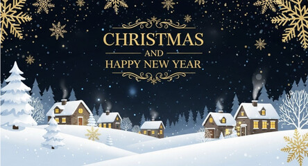 Christmas and Happy New Year greeting banner vector artwork with winter village gold snowflakes and dark night background â€” charming design for holiday cards and seasonal ads
