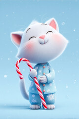 Cute 3D white kitten in blue winter pajamas holding candy cane - adorable Christmas illustration