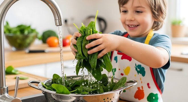 Boy washes fresh spinach under running water in a kitchen sink.