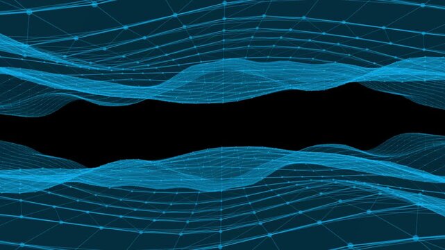 Futuristic 3D plexus waving terrain abstract technology background moving dots and lines network connection structure in black space background.