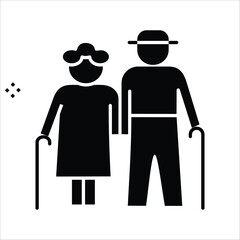 Minimalist vector icon of an elderly couple, senior man and woman, with walking canes, symbolizing companionship, support, and the journey of aging