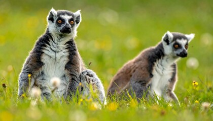 Obraz premium Two ring-tailed lemurs sit in a sunlit grassy field, one alert and upright, the other more relaxed