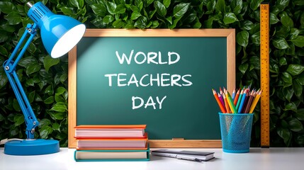 World Teachers Day concept featuring desk, books, pens and pencils and blackboard with message