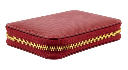 Isolated red leather wallet with gold zipper, accessory for money and cards on display