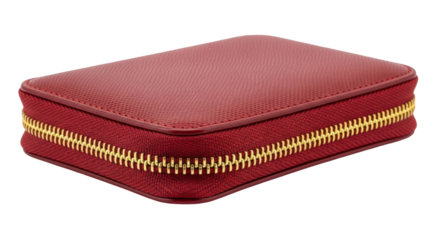 Isolated red leather wallet with gold zipper, accessory for money and cards on display