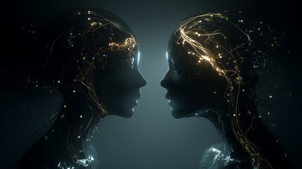 two human profiles facing each other, linked by glowing neural threads across dark void, mind-to-mind connection concept, futuristic style, v7 high detail 