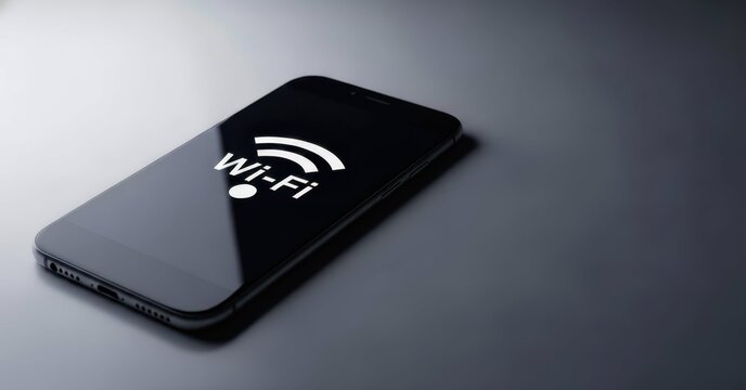 Modern smartphone displaying Wi-Fi connectivity symbol on dark surface. Wi-Fi connection ensures digital networking and communication, allowing for quick file sharing and access to online resources.