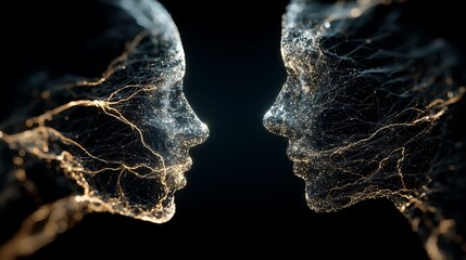 two human profiles facing each other, linked by glowing neural threads across dark void, mind-to-mind connection concept, futuristic style, v7 high detail 