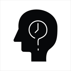 Intriguing illustration of a human head pondering the concept of time, marked by a clock and a question mark symbol, representing reflection on temporal dilemmas and uncertainty