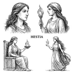 Hestia Greek Goddess of Hearth and Sacred Fire in Vintage Engraving Style Transparent Background
