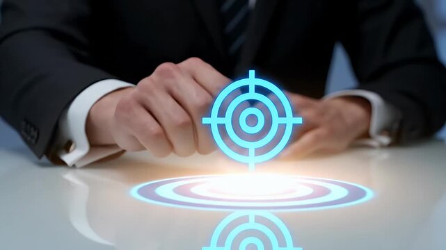 Businessman in Dark Suit Touching Blue Target Hologram on White Tabletop Surface with Selective Focus Emphasizing Business Goal Orientation and Futuristic Technology