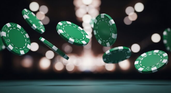 Green casino tokens flying in the air over a gaming table, symbolizing falling money, betting, gambling, and winning or losing.