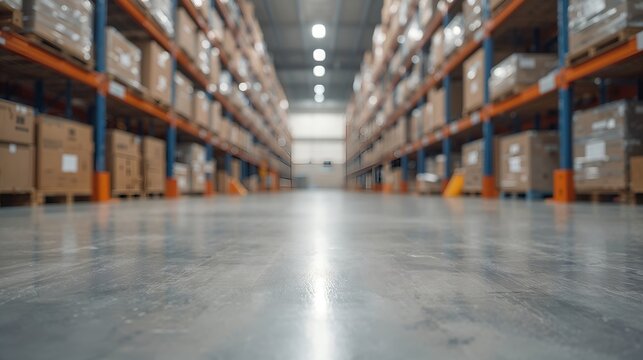 an interior perspective shot of a large storage warehouse filled with countless boxes and goods, a central aisle leading to the back - Powered by Adobe