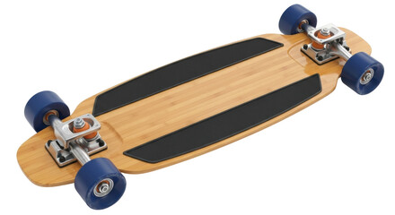 Isolated skateboard featuring dark-blue wheels & dark-gray non-slip strips on a wooden deck